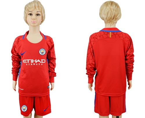 Manchester City Blank Red Goalkeeper Long Sleeves Kid Soccer Club Jersey - Click Image to Close